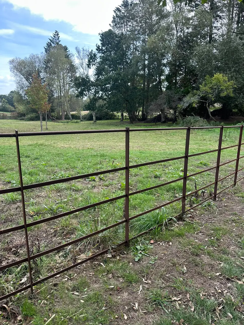 Close view of a run of oxide-brown estate fencing along the edge of a paddock